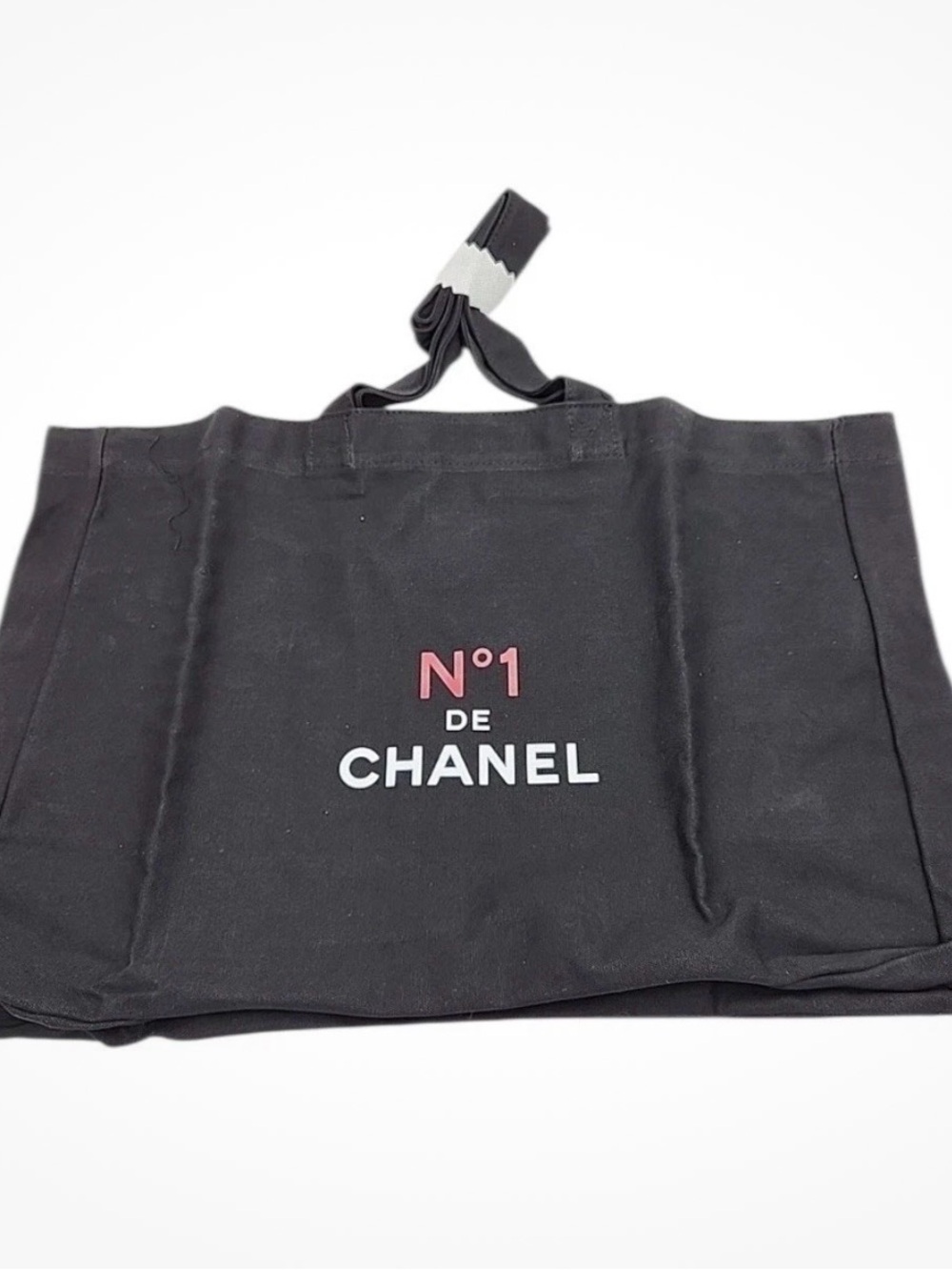 CHANEL Black Canvas Tote with Pink and White Logo